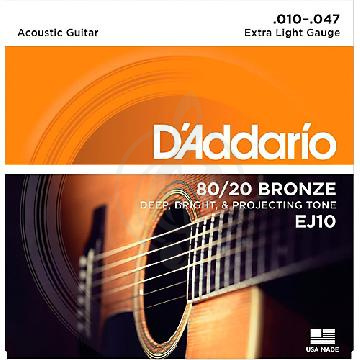 Струны для акустической гитары Струны для акустических гитар D'Addario D'Addario EJ10 BRONZE 80/20 - Струны для акустической гитары 10-47 EJ10 - фото 1