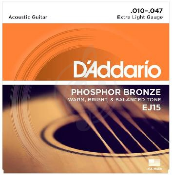 Струны для акустической гитары Струны для акустических гитар D'Addario D'Addario EJ15 - Струны для акустической гитары фосфорная бронза 10-47 EJ15 - фото 1