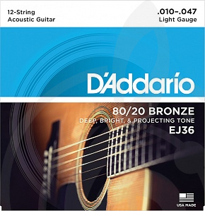 Струны для акустической гитары Струны для акустических гитар D'Addario D`Addario EJ36 BRONZE 80/20 - Струны для акустической 12-струнной гитары бронза 12-srt Light 10-47  EJ36 - фото 1