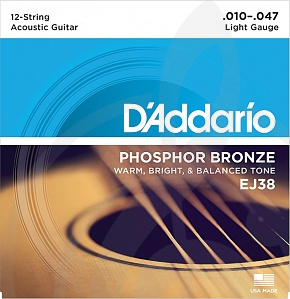Струны для акустической гитары Струны для акустических гитар D'Addario D'Addario EJ38 - Phosphor Bronze Комплект струн для акустической 12-струнной гитары, Light, 10-47 EJ38 - фото 1