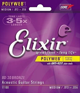Струны для акустической гитары Струны для акустических гитар Elixir Elixir 11100 POLYWEB - Комплект струн для акустической гитары, Medium, бронза 80/20, 13-56 11100 - фото 1