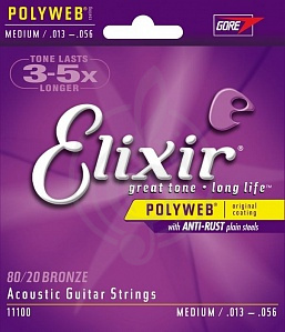 Изображение Elixir 11100 POLYWEB - Комплект струн для акустической гитары, Medium, бронза 80/20, 13-56