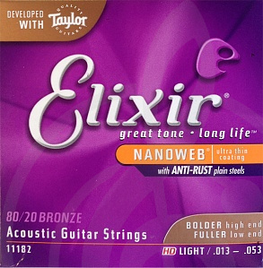 Струны для акустической гитары Струны для акустических гитар Elixir Elixir 11182 NANOWEB - Комплект струн для акустической гитары, HD Light, бронза 80/20, 13-53 11182 - фото 1