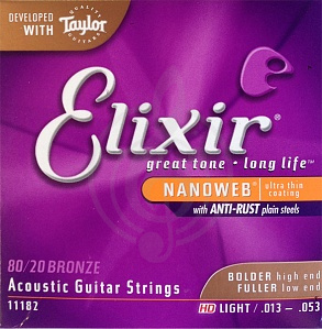 Изображение Elixir 11182 NANOWEB - Комплект струн для акустической гитары, HD Light, бронза 80/20, 13-53