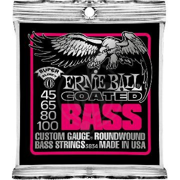 Изображение Ernie Ball 3834 струны для бас-гитары Coated Bass Super Slinky (45-100) покрытые спец. сплавом