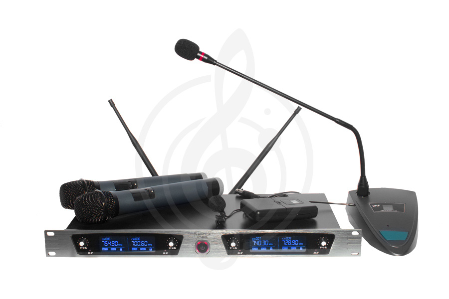 Радиосистема с ручным передатчиком Радиосистемы с ручным передатчиком GrandVox GrandVox UT-4800HH Радиосистема, 2 ручных микрофона, 1 головной микрофон, 1 трибунный микрофон UT-4800HH - фото 1